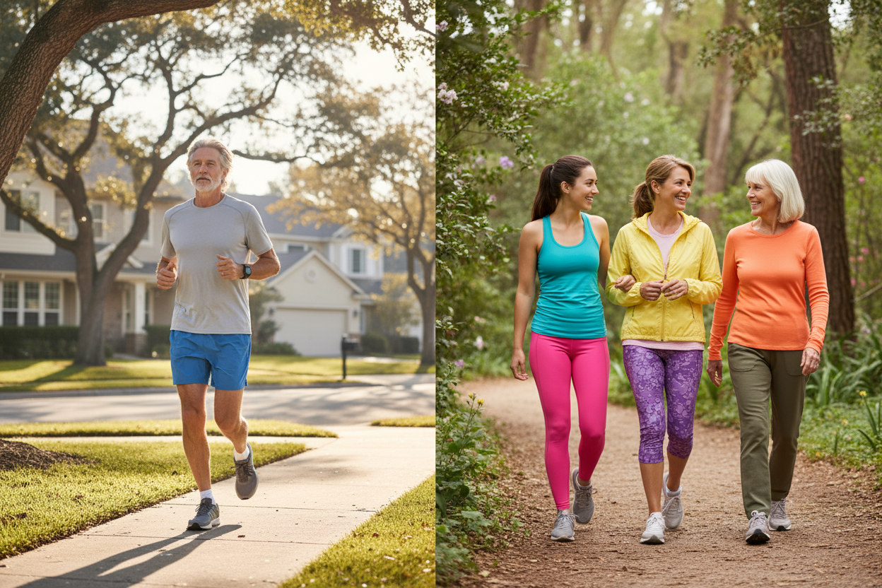 on the left side of the image is an older man jogging.  On the right is a group of three women walking for fitness.