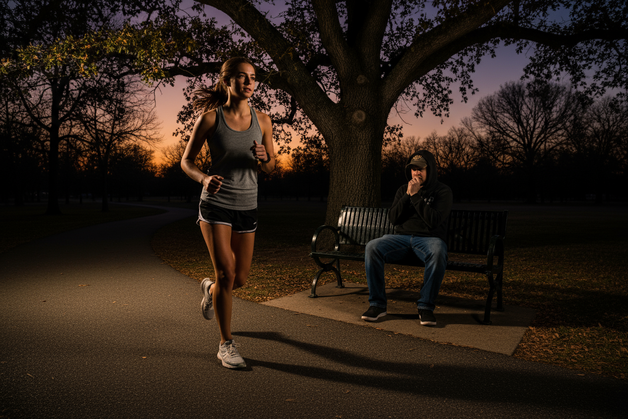 young woman running at dusk in a park with a suspicious man sitting near by