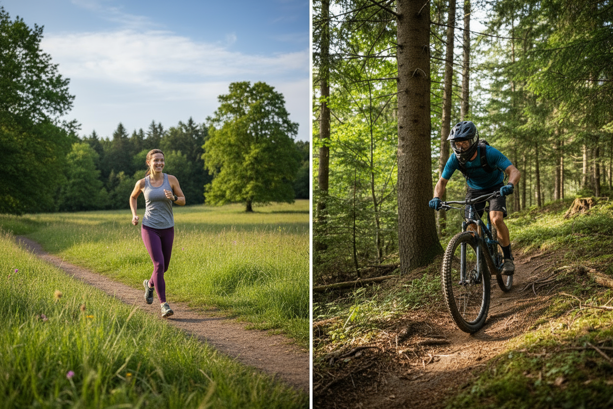 woman running outdoors and a man riding a mountain bike